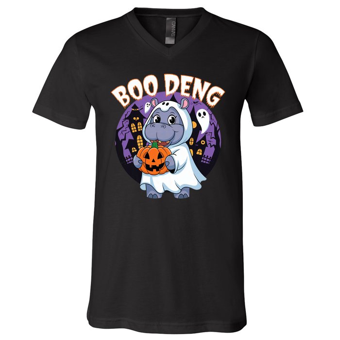 Moo Deng Baby Hippo Boo Deng Long For Halloween Moo Deng V-Neck T-Shirt