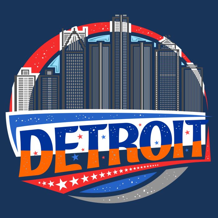 Modern Detroit City Scape 7 Panel Mesh Trucker Snapback Hat