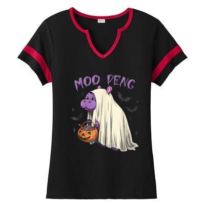 Moo Deng Cute Baby Pygmy Hippo Bouncy Pig In Thai Halloween Ladies Halftime Notch Neck Tee