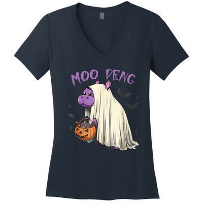 Moo Deng Cute Baby Pygmy Hippo Bouncy Pig In Thai Halloween Women's V-Neck T-Shirt