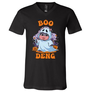 Moo Deng Cute Baby Pygmy Hippo Bouncy Pig In Thai Halloween V-Neck T-Shirt