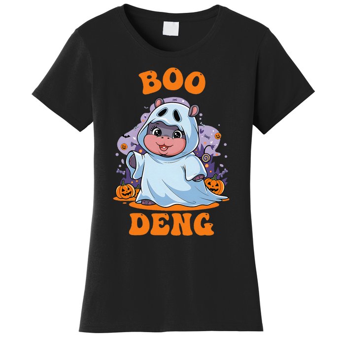 Moo Deng Cute Baby Pygmy Hippo Bouncy Pig In Thai Halloween Women's T-Shirt