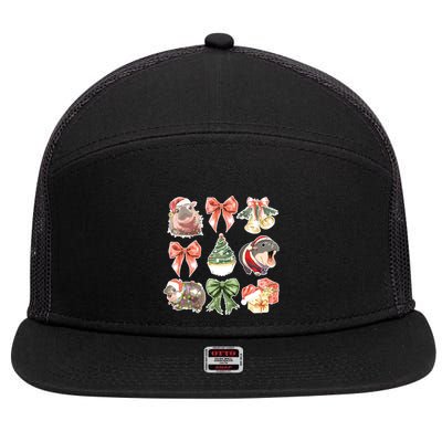 Moo Deng Coquette Christmas 7 Panel Mesh Trucker Snapback Hat