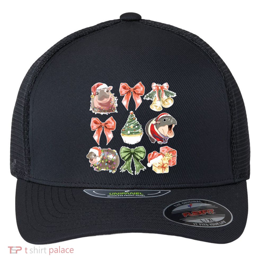 Moo Deng Coquette Christmas Flexfit Unipanel Trucker Cap