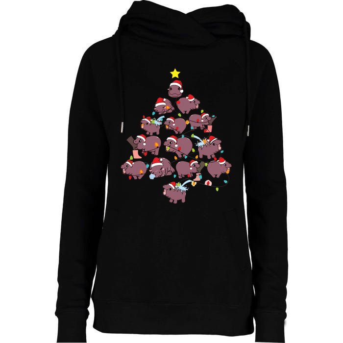 Moo Deng Christmas Tree Womens Funnel Neck Pullover Hood