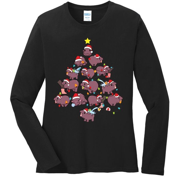 Moo Deng Christmas Tree Ladies Long Sleeve Shirt