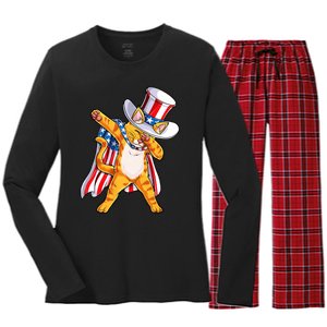 Meowica Dabbing Cat Uncle Sam 4th Of July Women's Long Sleeve Flannel Pajama Set 