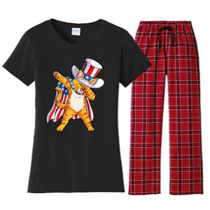 Meowica Dabbing Cat Uncle Sam 4th Of July Women's Flannel Pajama Set