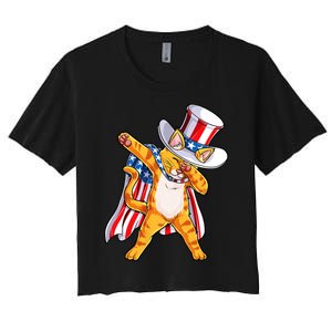 Meowica Dabbing Cat Uncle Sam 4th Of July Women's Crop Top Tee