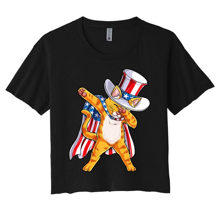 Meowica Dabbing Cat Uncle Sam 4th Of July Women's Crop Top Tee