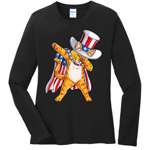 Meowica Dabbing Cat Uncle Sam 4th Of July Ladies Long Sleeve Shirt