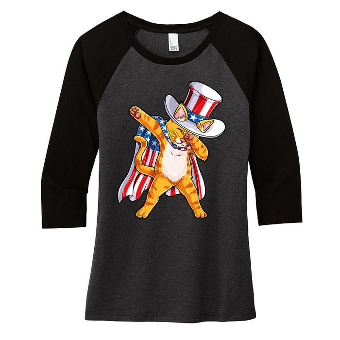 Meowica Dabbing Cat Uncle Sam 4th Of July Women's Tri-Blend 3/4-Sleeve Raglan Shirt