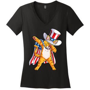 Meowica Dabbing Cat Uncle Sam 4th Of July Women's V-Neck T-Shirt