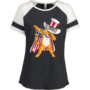 Meowica Dabbing Cat Uncle Sam 4th Of July Enza Ladies Jersey Colorblock Tee