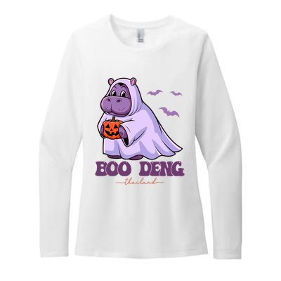 Moo Deng Cute Baby Pygmy Hippo Bouncy Pig In Thai Halloween Costume Womens CVC Long Sleeve Shirt