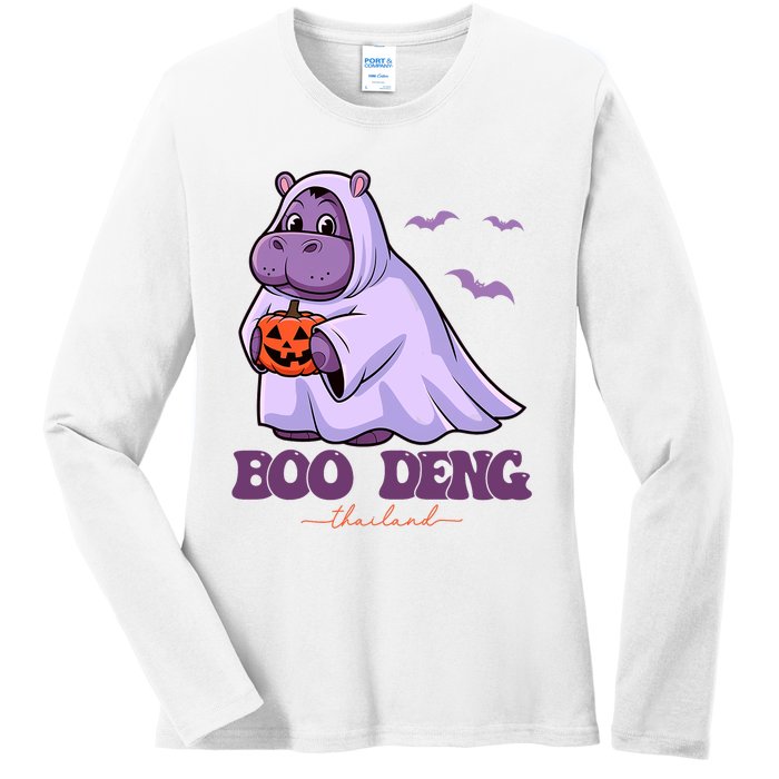 Moo Deng Cute Baby Pygmy Hippo Bouncy Pig In Thai Halloween Costume Ladies Long Sleeve Shirt