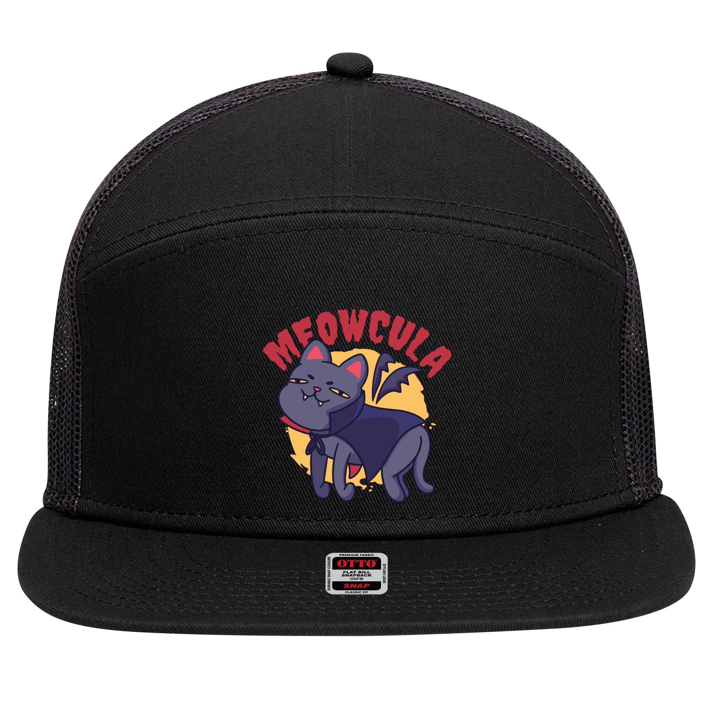 Meow Dracula Cat Cartoon 7 Panel Mesh Trucker Snapback Hat