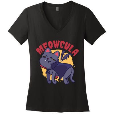 Meow Dracula Cat Cartoon Women's V-Neck T-Shirt