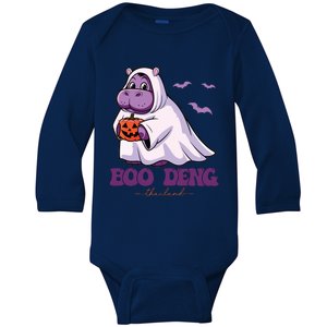 Moo Deng Cute Baby Pygmy Hippo Bouncy Pig In Thai Halloween Baby Long Sleeve Bodysuit