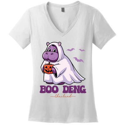 Moo Deng Cute Baby Pygmy Hippo Bouncy Pig In Thai Halloween Women's V-Neck T-Shirt