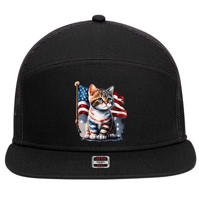 Memorial Day Cat 4th Of July Patriotic Usa Flag 7 Panel Mesh Trucker Snapback Hat