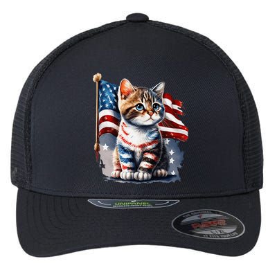 Memorial Day Cat 4th Of July Patriotic Usa Flag Flexfit Unipanel Trucker Cap