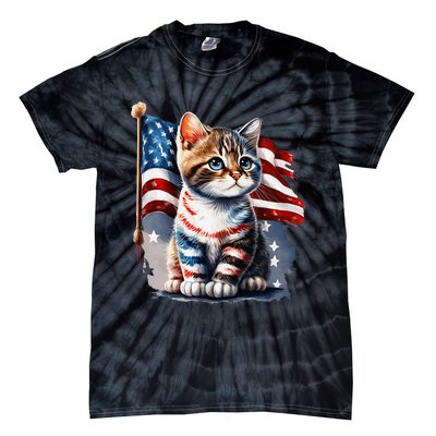 Memorial Day Cat 4th Of July Patriotic Usa Flag Tie-Dye T-Shirt