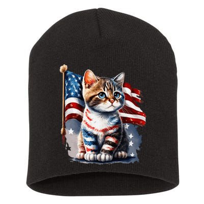 Memorial Day Cat 4th Of July Patriotic Usa Flag Short Acrylic Beanie