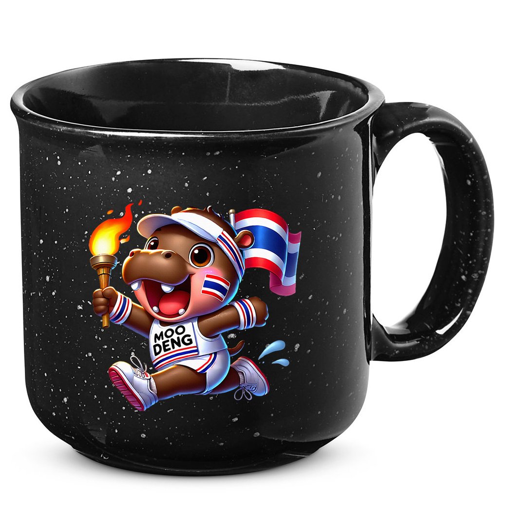 Moo Deng Cute Baby Hippo Thailand Running Marathon 15oz Campfire Ceramic Mug