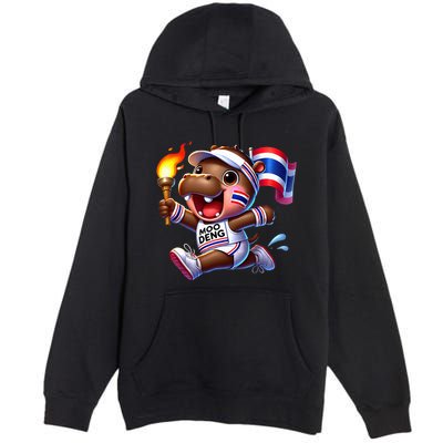 Moo Deng Cute Baby Hippo Thailand Running Marathon Premium Pullover Hoodie