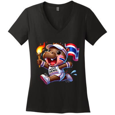 Moo Deng Cute Baby Hippo Thailand Running Marathon Women's V-Neck T-Shirt