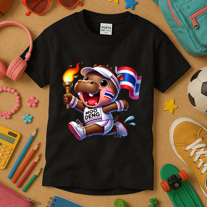 Moo Deng Cute Baby Hippo Thailand Running Marathon Kids T-Shirt