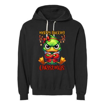 Merry Ducking Christmas Funny Sarcastic Grumpy Duck Garment-Dyed Fleece Hoodie