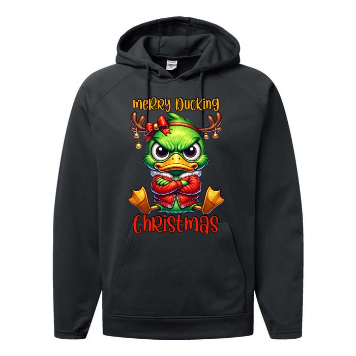 Merry Ducking Christmas Funny Sarcastic Grumpy Duck Performance Fleece Hoodie