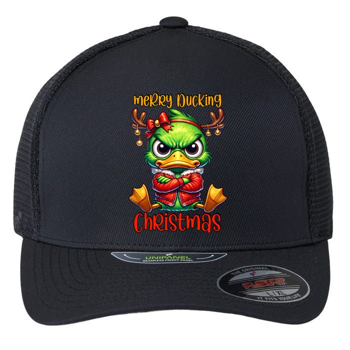 Merry Ducking Christmas Funny Sarcastic Grumpy Duck Flexfit Unipanel Trucker Cap