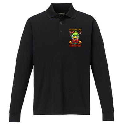 Merry Ducking Christmas Funny Sarcastic Grumpy Duck Performance Long Sleeve Polo