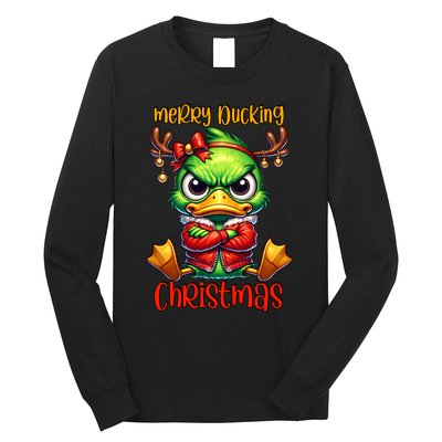 Merry Ducking Christmas Funny Sarcastic Grumpy Duck Long Sleeve Shirt