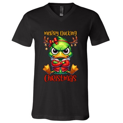 Merry Ducking Christmas Funny Sarcastic Grumpy Duck V-Neck T-Shirt