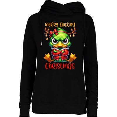 Merry Ducking Christmas Funny Sarcastic Grumpy Duck Womens Funnel Neck Pullover Hood