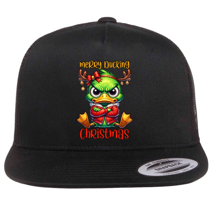 Merry Ducking Christmas Funny Sarcastic Grumpy Duck Flat Bill Trucker Hat
