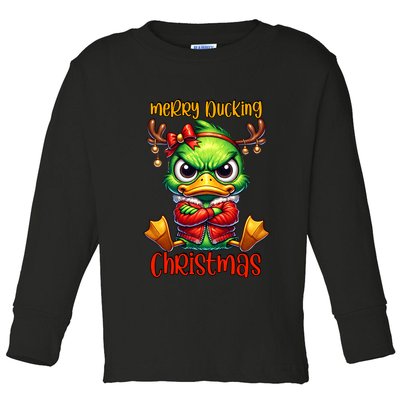 Merry Ducking Christmas Funny Sarcastic Grumpy Duck Toddler Long Sleeve Shirt