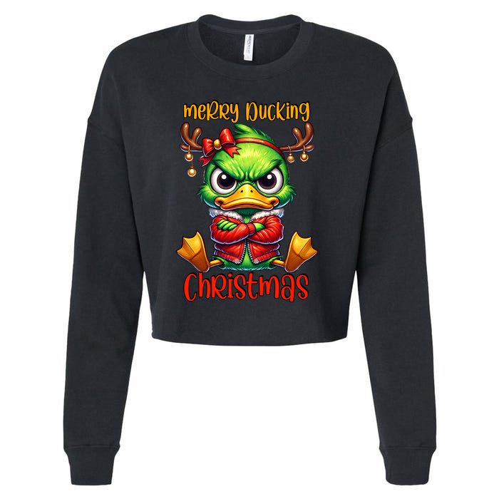 Merry Ducking Christmas Funny Sarcastic Grumpy Duck Cropped Pullover Crew