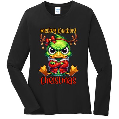 Merry Ducking Christmas Funny Sarcastic Grumpy Duck Ladies Long Sleeve Shirt