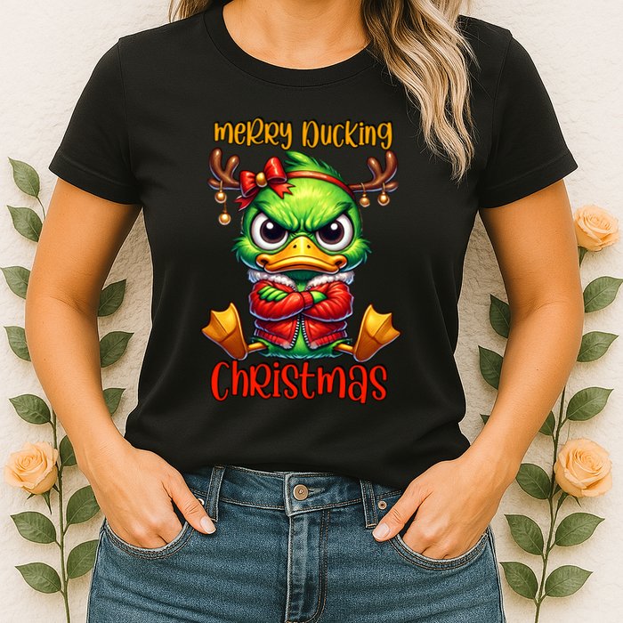 Merry Ducking Christmas Funny Sarcastic Grumpy Duck Womens T-Shirt