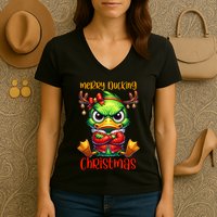 Merry Ducking Christmas Funny Sarcastic Grumpy Duck Women's V-Neck T-Shirt