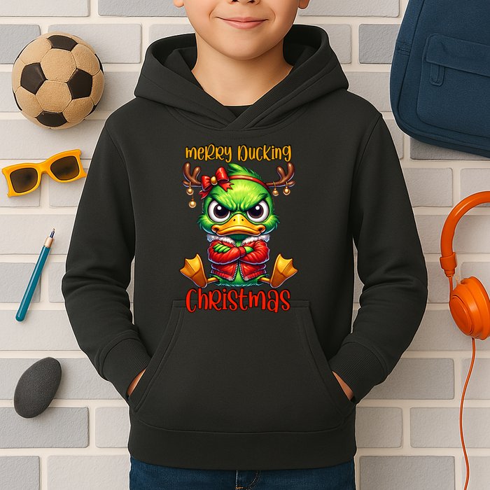 Merry Ducking Christmas Funny Sarcastic Grumpy Duck Kids Hoodie