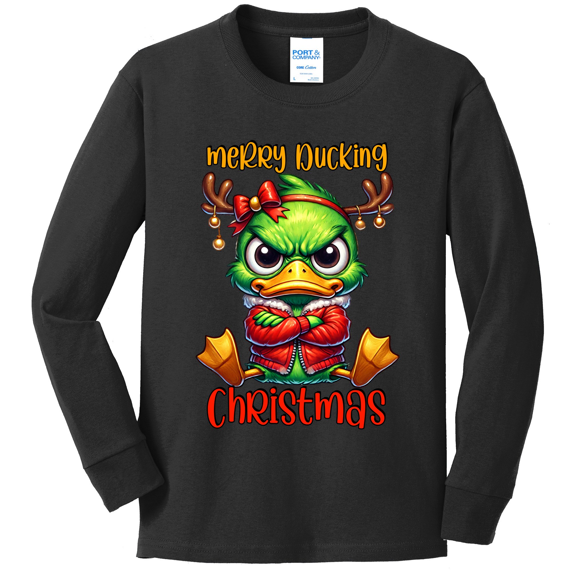 Merry Ducking Christmas Funny Sarcastic Grumpy Duck Kids Long Sleeve Shirt