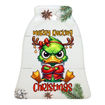 Merry Ducking Christmas Funny Sarcastic Grumpy Duck Ceramic Bell Ornament