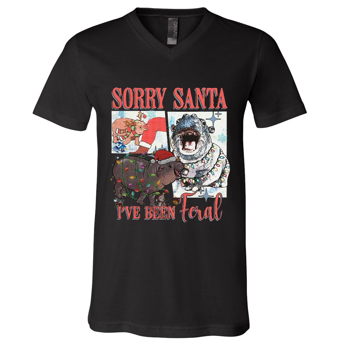 Moo Deng Christmas Santa Hat Sorry Santa IVe Been Feral V-Neck T-Shirt