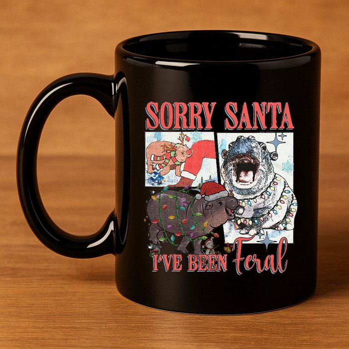 Moo Deng Christmas Santa Hat Sorry Santa IVe Been Feral 11oz C Handle Ceramic Mug